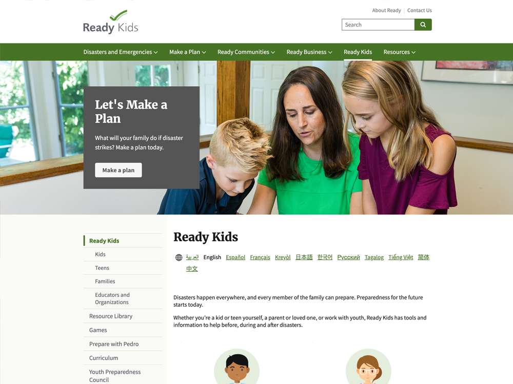 A woman and two children are gathered around a table, looking at something on the table. The background includes text promoting "Ready Kids," a section dedicated to disaster preparedness for families and kids. The website header and navigation menu are also visible.