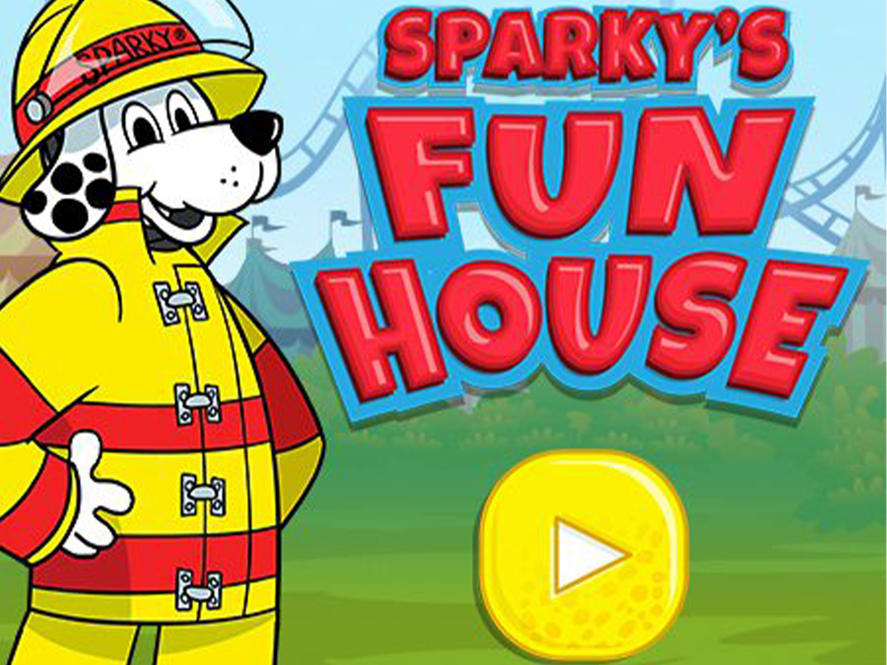 Illustration of Sparky the fire dog wearing a yellow firefighter uniform and helmet, standing next to bold red and blue text that reads "Sparky's Fun House." A large yellow play button is centered at the bottom. A theme park rollercoaster background is visible.