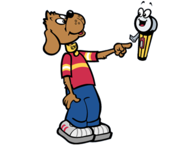 A cartoon dog wearing a red shirt and jeans points at a smiling pencil with a face. The pencil, floating in mid-air, looks happy and interacts with the dog. The dog has a collar with a tag that has an image of a dog bone.