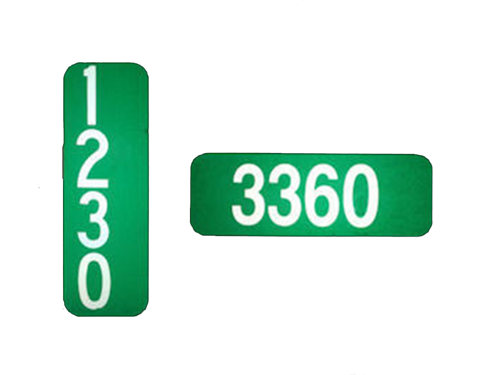 Two green signs with white numbers. The left sign shows numbers vertically: 1, 2, 3, 0. The right sign displays the number 3360 horizontally. Both have rounded edges and stand out against the plain white background.