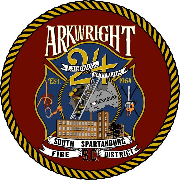 Round emblem with a rope border for "Arkwright South Spartanburg Fire District." Features "Ladder Co. 24 Battalion," a building, ladder, smoke, axe, fire hydrant, and established year 1964. Colors include red, blue, yellow, and white.