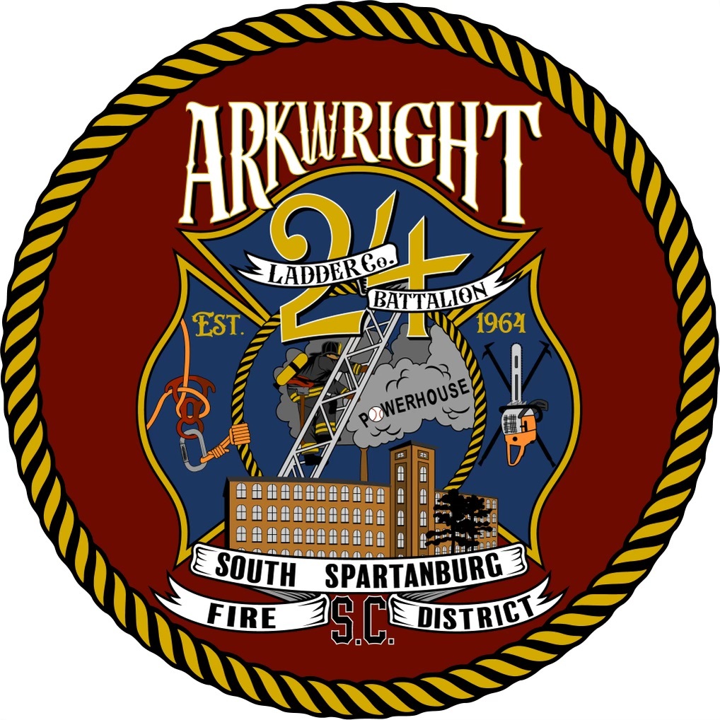 Round emblem with a rope border for "Arkwright South Spartanburg Fire District." Features "Ladder Co. 24 Battalion," a building, ladder, smoke, axe, fire hydrant, and established year 1964. Colors include red, blue, yellow, and white.