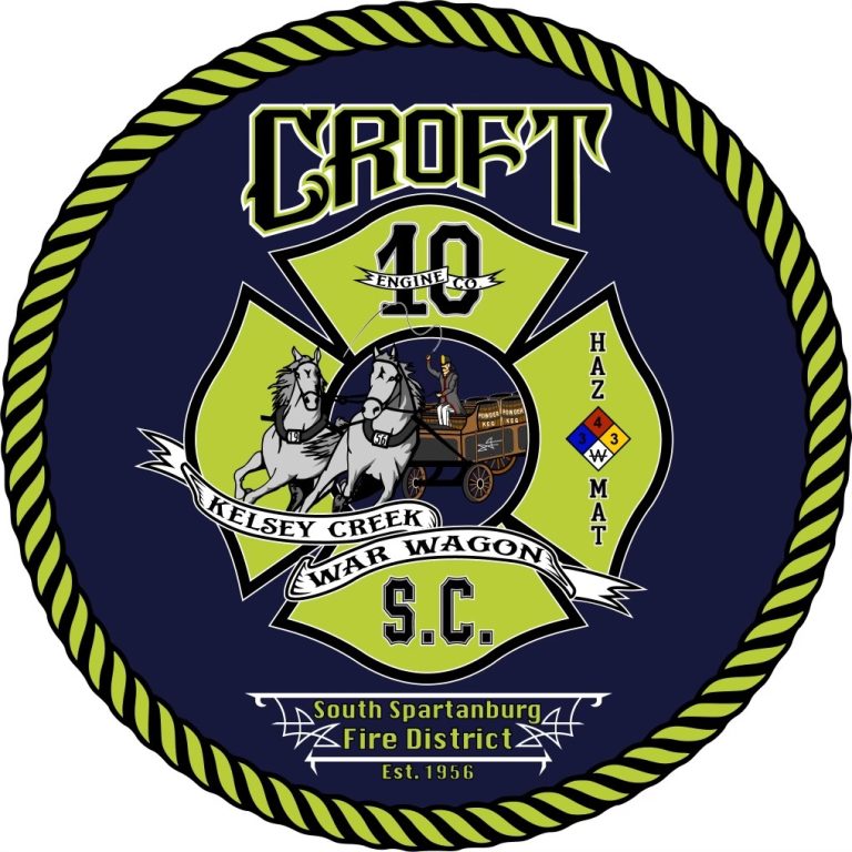 Emblem featuring "Croft Engine 10" with horses pulling a wagon and fire district details for South Spartanburg, SC. Includes "Kelsey Creek War Wagon," "HAZ MAT," and the year established, 1956, surrounded by a rope design.