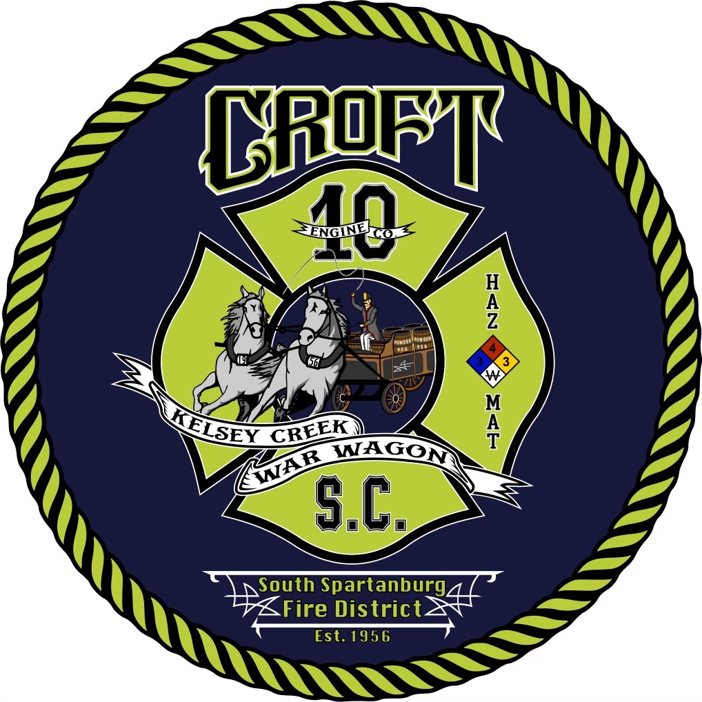 Emblem featuring "Croft Engine 10" with horses pulling a wagon and fire district details for South Spartanburg, SC. Includes "Kelsey Creek War Wagon," "HAZ MAT," and the year established, 1956, surrounded by a rope design.