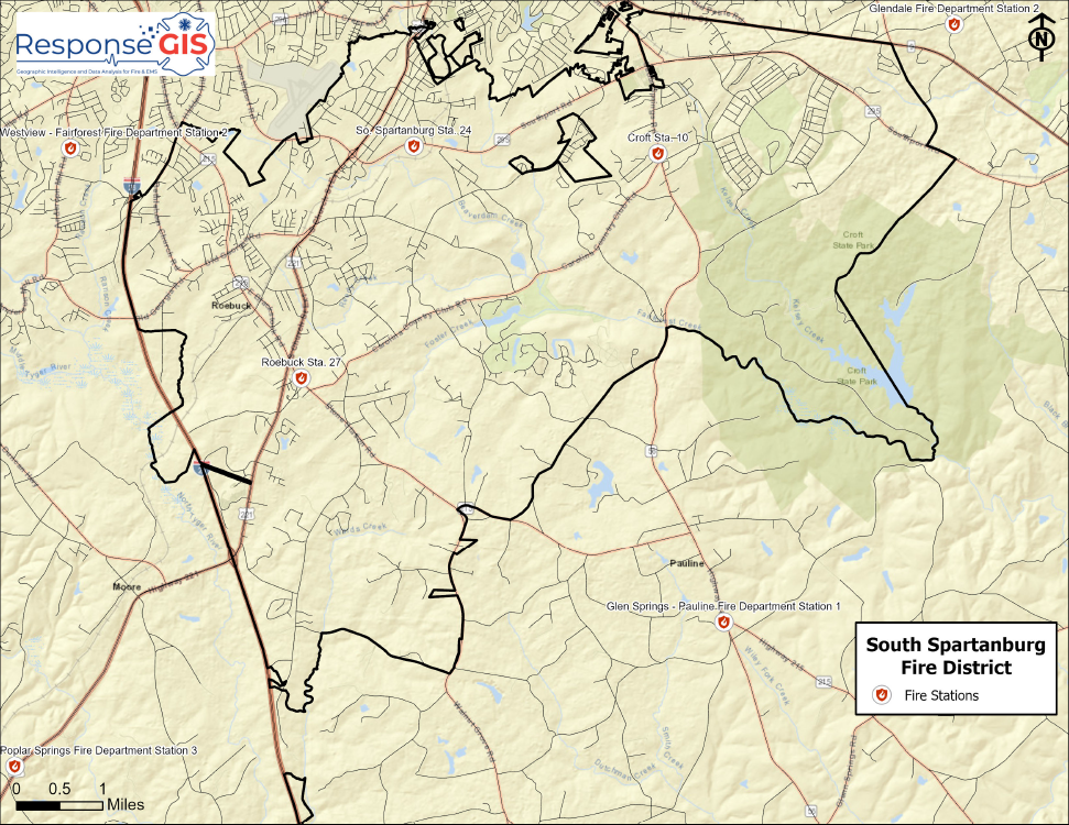 Map of the South Spartanburg Fire District, showing fire station locations. Main roads, geographic features, and district boundaries are labeled. Includes a scale in miles and a compass for orientation.