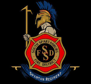 Logo for the South Spartanburg Fire District featuring a Spartan warrior holding a spear and shield. The shield has the letters "FSFD" inside a red emblem. A blue banner at the bottom reads "Spartan Regiment.