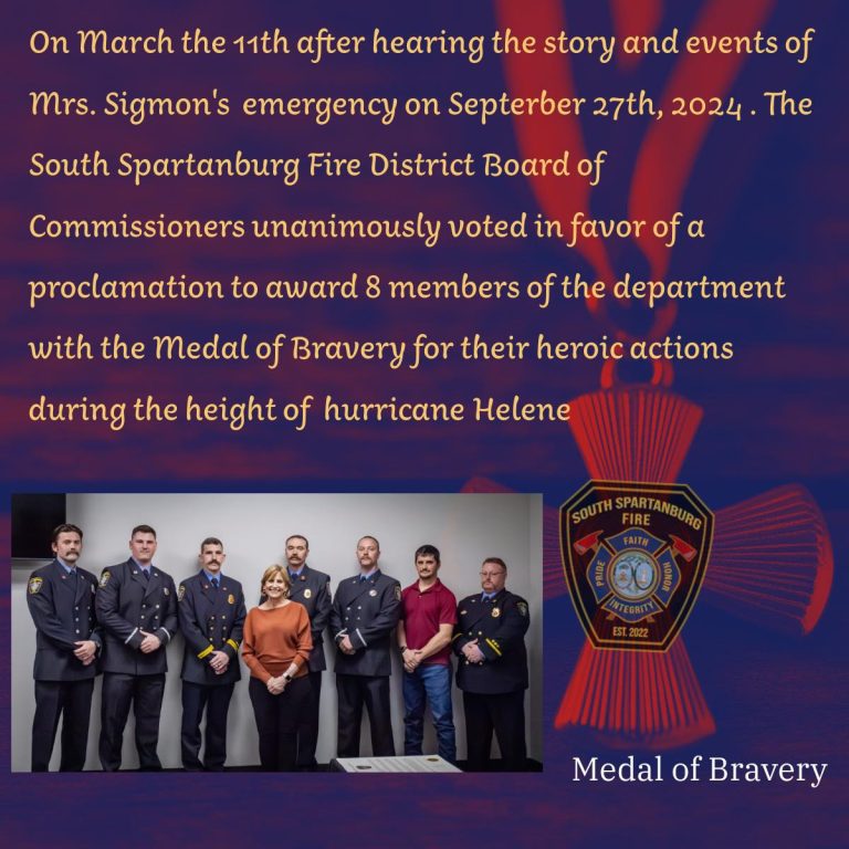 A group of firefighters and officials pose indoors, some holding certificates. A patch reads “South Spartanburg Fire District.” A caption describes them receiving the Medal of Bravery for actions during Hurricane Helene.